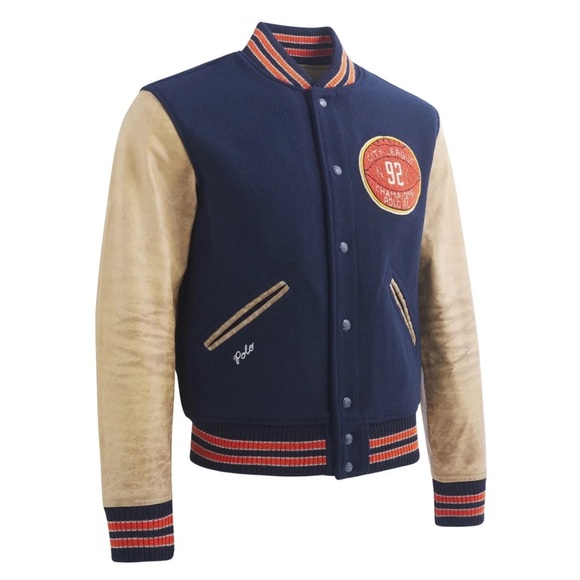 Polo Ralph Lauren Navy and Tan Varsity Jacket - Picture 2 of 4